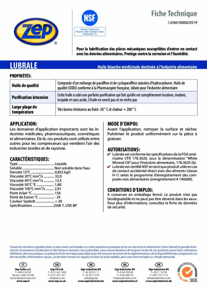 LUBRALE – Fiche Technique