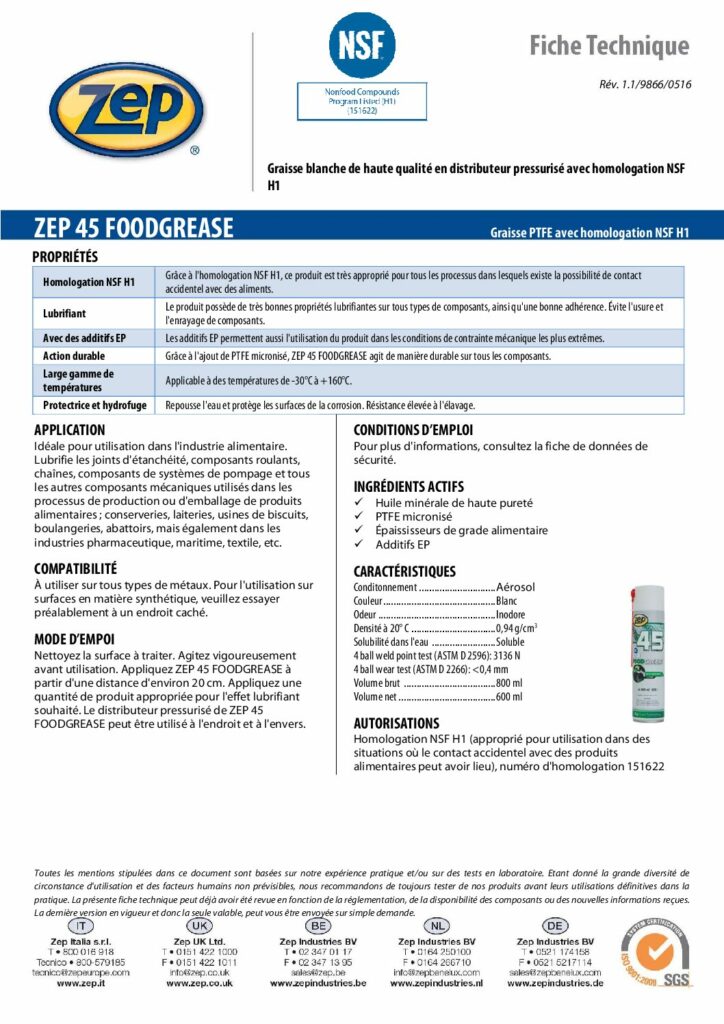 ZEP 45 FOODGREASE – Fiche Technique