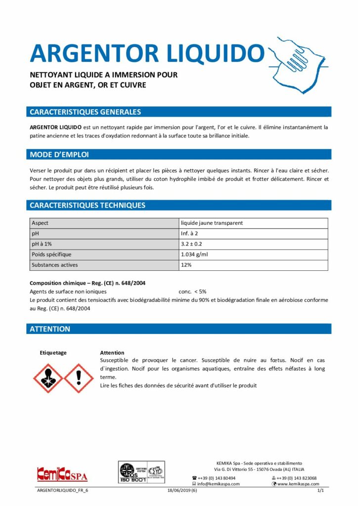 ARGENTOR LIQUIDO – Fiche Technique