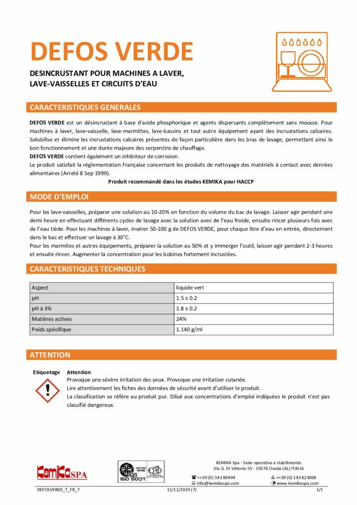 DEFOS VERDE – Fiche Technique